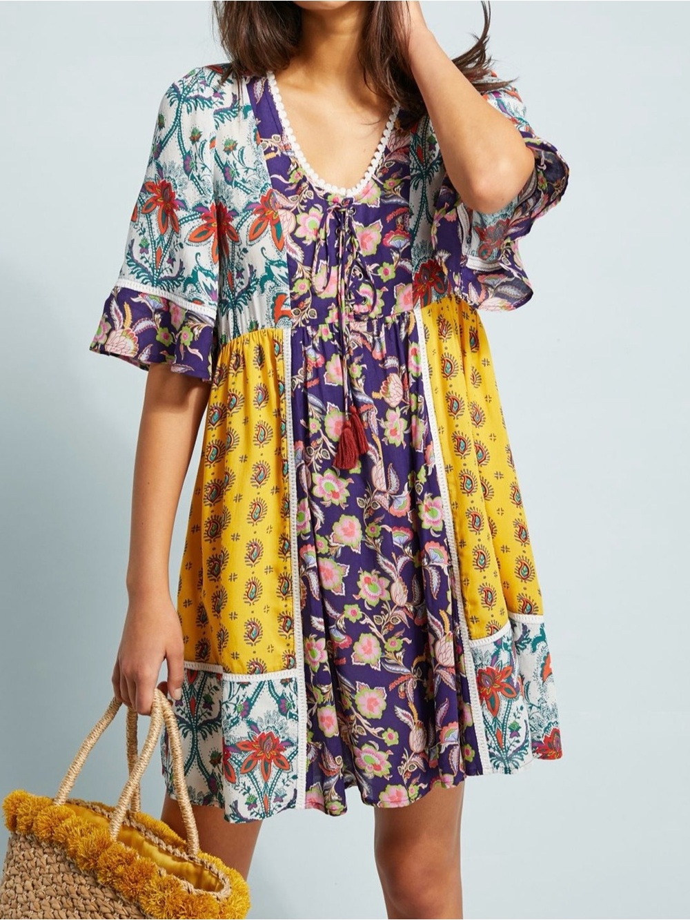 LILKA Anthropologie Patchwork Trapeze Dress Multicolor Boho XS Tassel Lace Up